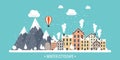 Vector illustration. Winter urban landscape. City with snow. Christmas and new year. Cityscape. Buildings.Mountaines and