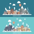 Vector illustration. Winter urban landscape. City with snow. Christmas and new year. Cityscape. Buildings.Mountaines and