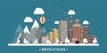 Vector illustration. Winter urban landscape. City with snow. Christmas and new year. Cityscape. Buildings.Mountaines and