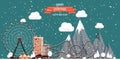Vector illustration. Winter urban landscape. City with snow. Christmas and new year. Cityscape. Buildings.Mountaines