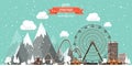 Vector illustration. Winter urban landscape. City with snow. Christmas and new year. Cityscape. Buildings.Mountaines