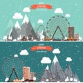 Vector illustration. Winter urban landscape. City with snow. Christmas and new year. Cityscape. Buildings.Mountaines