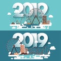 Vector illustration. 2019 winter urban landscape. City with snow. Christmas and new year. Cityscape Buildings Mountaines