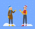 Vector illustration of winter women. Two girls playing snowballs on the street.