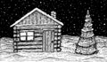 Vector illustration of winter. Wooden house in snow next to the Christmas tree Royalty Free Stock Photo