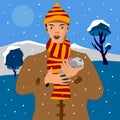 In winter, the young man in winter clothes, holding a rabbit Royalty Free Stock Photo