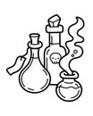 Vector illustration with witch potions. Halloween coloring page with magic attributes