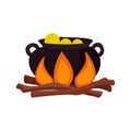 Vector illustration of a witch`s cauldron with a potion on the fire. Green potion with bubbles, bright colorful illustration in Royalty Free Stock Photo