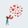 Vector illustration of Woman attracting love and likes with big magnet. Social approval, Dating on white background