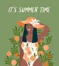 Vector illustration of woman in bright swimsuit. Design for summer concept and other.