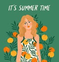 Vector illustration of woman in bright swimsuit. Design for summer concept and other.