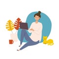 Vector illustration of woman checking the web in the autumn. Woman have a relaxing day off