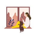 Vector illustration of woman checking the web in the autumn. Woman have a relaxing day off