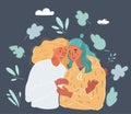 Vector illustration of woman comforting crying friend with warm hug on dark background.