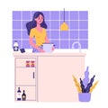 Vector illustration of a woman cooking in a kitchen. Daily part of girl routine. Royalty Free Stock Photo