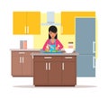 Vector illustration of woman cooking salad, slicing cucumber, flat design