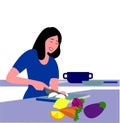 Vector illustration of a woman cutting vegetables in her kitchen with other fruits and vegetables beside her