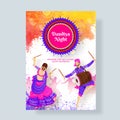 Vector illustration of woman dancing with dandiya stick and drummer man Dholak for Dandiya Night invitation card. Royalty Free Stock Photo