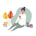 Vector illustration of woman drinking alone at home in the autumn. People enjoy drinking wine