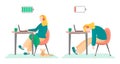 Vector illustration woman energy but after get burhoot at the desk with laptop, cat and cup of tea.