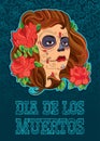 Vector illustration of woman face with Sugar skull or Calavera Catrina makeup on the turquoise background with outline roses.