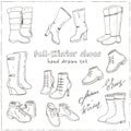 Vector illustration of woman fall and winter shoes, boots set. Hand-drown footwear illustrations.