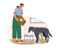 Vector illustration of woman feeding dog. Pet feed