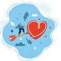 Vector illustration of Woman fly on heart arrow direct to heart concept. Valentine concept