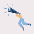 Vector illustration of woman fly and using spyglass for searching of opportunities. Businesswoman searching for