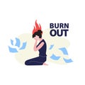 Vector illustration of woman or girl in stress with flying scattered papers and fire above her head Royalty Free Stock Photo