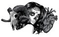 vector illustration of woman with goat skull and heart