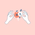 Woman hand holding paper florals. Handmade class. Vector illustration Royalty Free Stock Photo