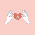 Woman hand holding repaired broken heart. Fixed broken heart. Vector illustration Royalty Free Stock Photo