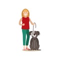 Dog owner female with her pet vector flat illustration