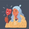 Vector illustration of woman hide her real face by holding cheerful mood mask on dark background.