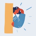 Vector illustration of woman hiding behind wall and watching Royalty Free Stock Photo