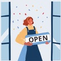 Vector illustration of Woman hold open sign in her hands. Small business