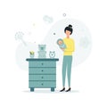 A vector illustration of a woman holding a baby in her arms, standing near a dresser on which a flower pot with a houseplant, a Royalty Free Stock Photo