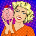 Vector Illustration of woman holding piggy bank, pop art style Royalty Free Stock Photo