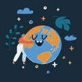 Vector illustration of woman hugging planet over dark backround. Royalty Free Stock Photo