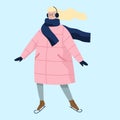 Vector illustration of woman ice skating in warm winter clothes.