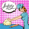 Vector illustration of woman kneading pastry, pop art style