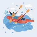 Vector illustration of woman and man kayaker kayaking, riding and paddling boat canoe in waves. Extreme outdoor