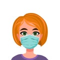 Vector illustration. Woman with orange hair in medical face mask on a white backgraund. Coronavirus. Concept of