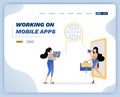 Vector illustration of woman popping out of mobile phone metaphor of working with internet network and apps. Design can be used