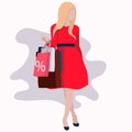 Vector illustration of a woman in a red dress. a girl buys gifts