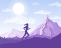 Vector illustration of woman running to the point in mountains. Business concept, young woman run on the rocks to the Royalty Free Stock Photo