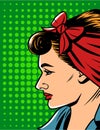 Vector illustration of woman`s face in comic pop art style over dot pattern background.