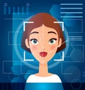 Vector illustration of woman s face recognition concept. Biometric face scanning, futuristic security, personal