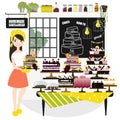 Vector illustration of a woman selling cakes at a bakery store